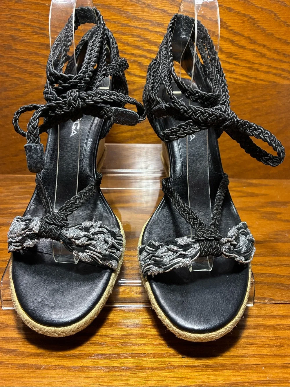 Via Spiga Braided Lace Up Espadrille Wedge Sandals Black Silver Size 10